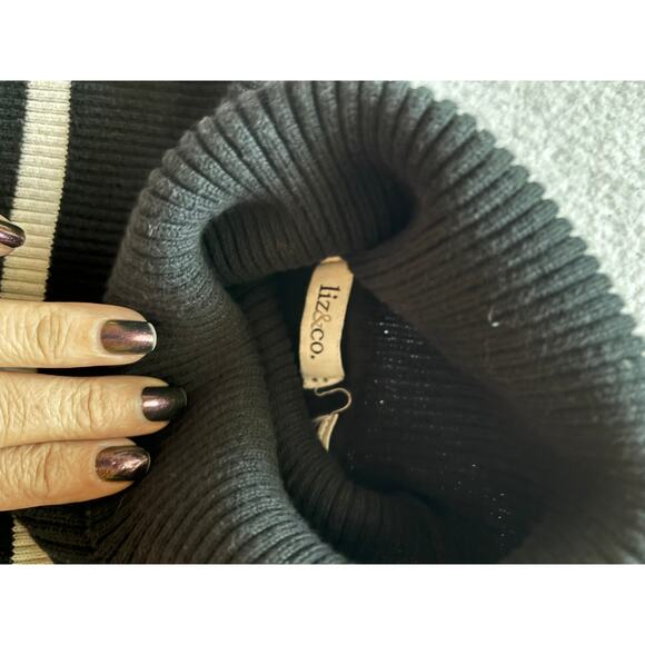 Liz & Co. Ribbed Black White Gray Turtleneck Cotton Blend Sweater NO SIZE TAG - Picture 5 of 5